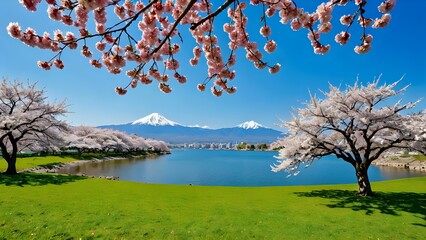 A serene landscape with blooming cherry blossoms under the clear blue sky, hdr style 