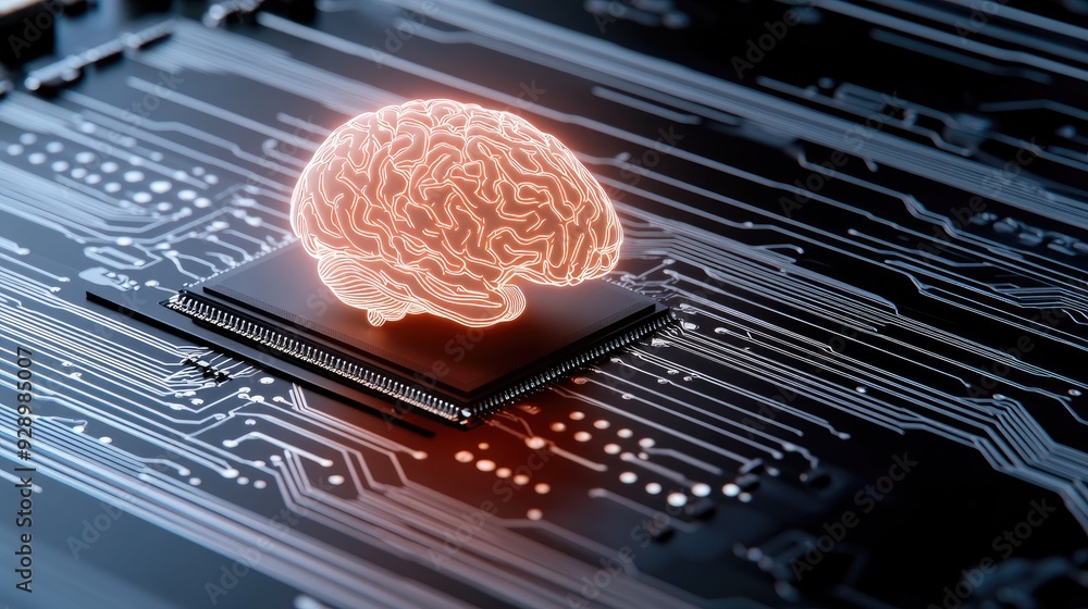 Poster a glowing brain on a circuit board symbolizes the fusion of technology and intelligence in a futuris