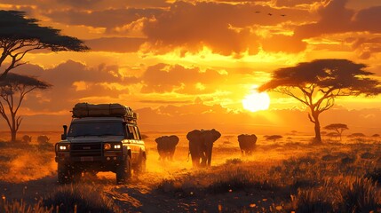 Safari Adventure at Sunset. generative ai illustration.