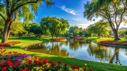Fototapeta premium lush green grass, vibrant flowers, and mature trees surround a tranquil lake, inviting relaxation and recreation in a picturesque public park setting.
