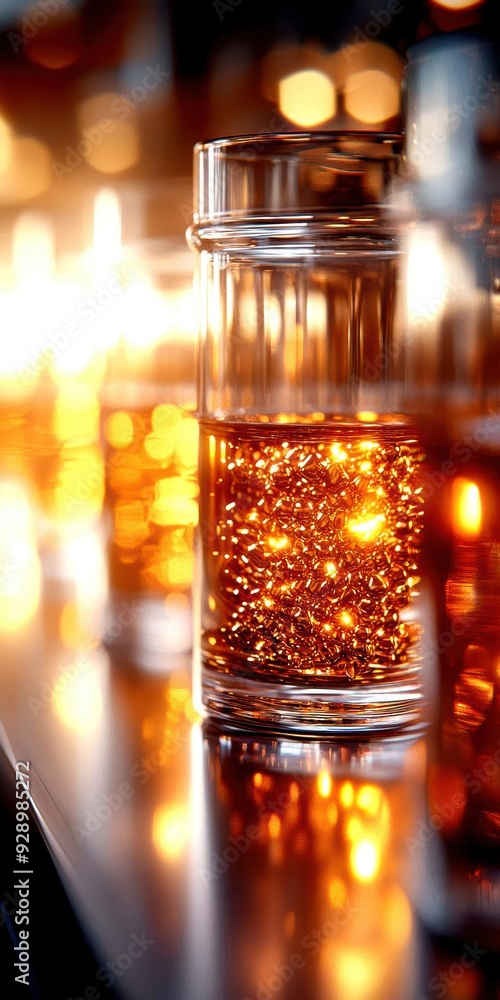 Poster A close-up of a glass filled with sparkling beverage, creating an inviting atmosphere with glowing bokeh lights in the background.