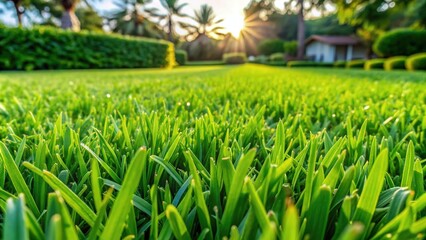 Obraz premium Lush, vibrant green turfgrass lawn with dense, uniform blades and subtle texture, perfect for landscaping, gardening, or outdoor recreation and relaxation settings.