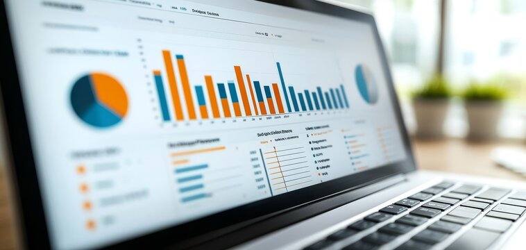 a laptop screen displays a graph and chart, offering a visual overview of data and business metrics, essential for accurate measurement and comprehensive reports. At the office