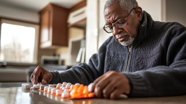 An elderly man sorts his weekly medications at a kitchen table filled with pill organizers