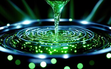 A mesmerizing close-up of green liquid creating ripples, showcasing waves and light reflections in a vibrant atmosphere.