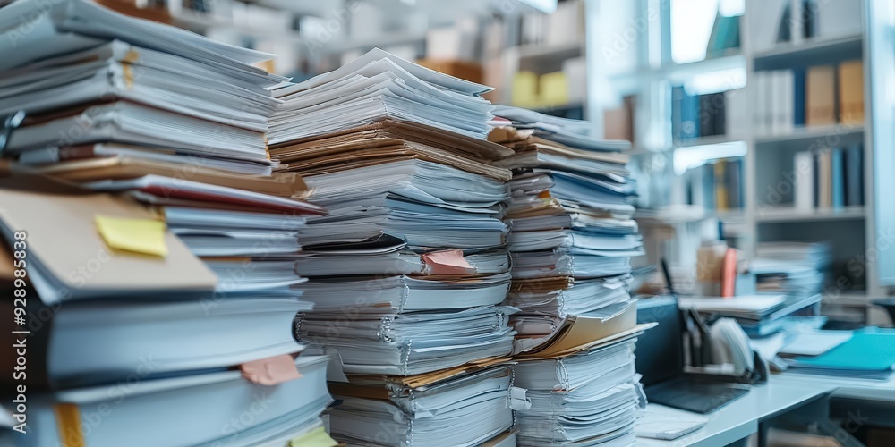 Poster stacks of documents and document clutter in the office.