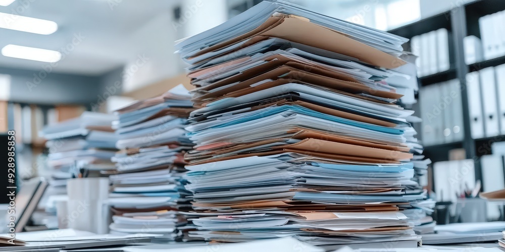 Poster stacks of documents and document clutter in the office.