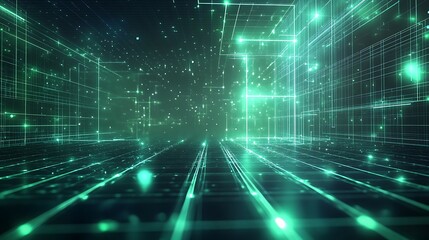 Obraz premium Futuristic Neon Grids - Abstract 3D Render with Digital Patterns in Green and Blue Hues