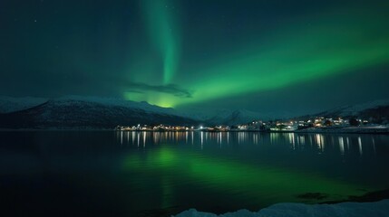 Aurora Borealis Reflecting on a Still Lake with a Snowy Mountain Range and a Small Town in the Distance