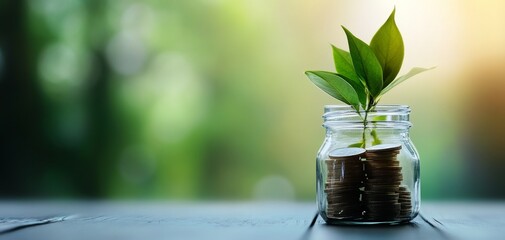A jar filled with coins symbolizes the growth of money through saving and investment, reflecting the principles of finance and wealth accumulation, with nature and plants representing interest