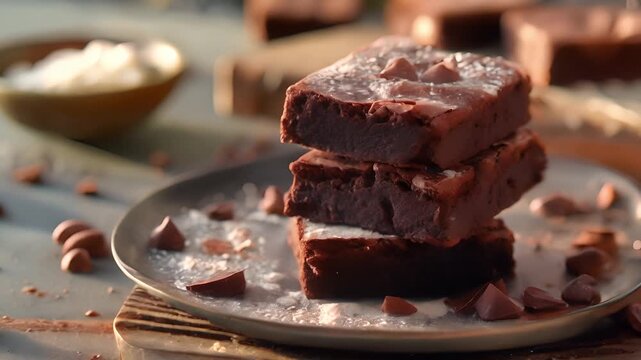 Stack of homemade gluten free brownies with chocolate on a plate	