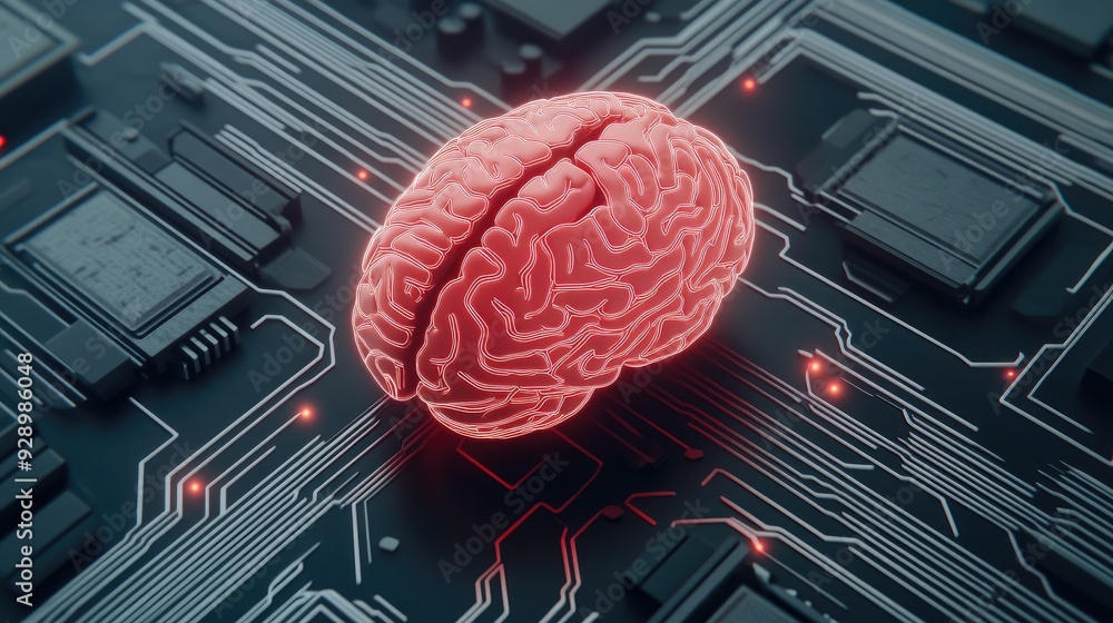 Poster a glowing brain on a circuit board symbolizes the fusion of technology and intelligence in a futuris