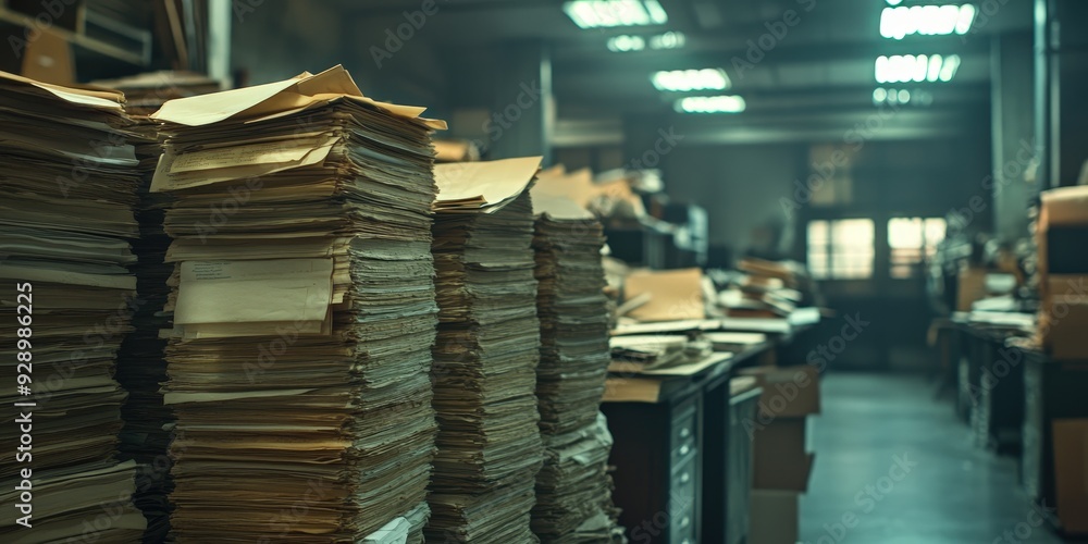 Poster stacks of documents and document clutter in the office.