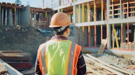 Fototapeta premium A construction worker in a vibrant safety vest and hard hat, overseeing the progress of a building site, embodying diligence and safety compliance.