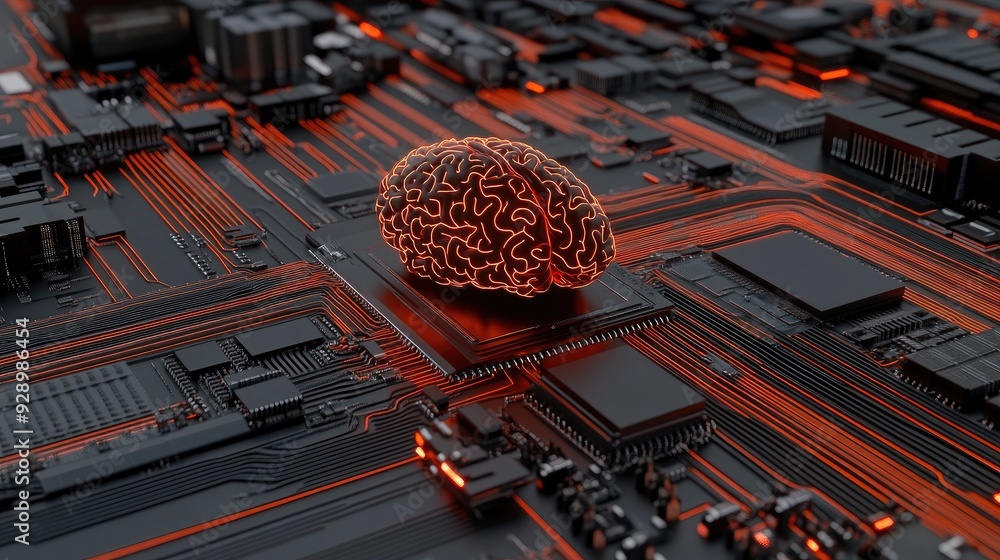 Poster a glowing brain on a circuit board symbolizes the fusion of technology and intelligence in a futuris