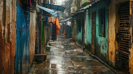Fototapeta premium Rain-soaked alleyway with colorful laundry hanging in a narrow street of a vibrant neighborhood