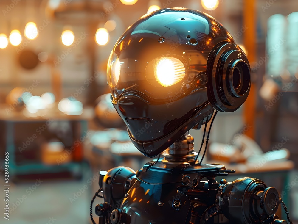 Poster glowing robot head in futuristic workshop idea concept with copy space