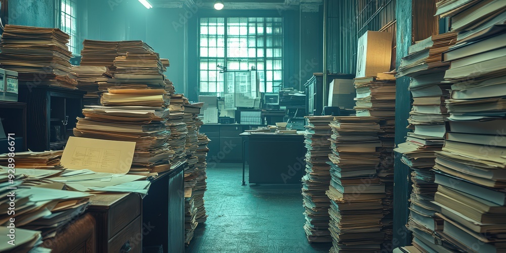 Poster stacks of documents and document clutter in the office.