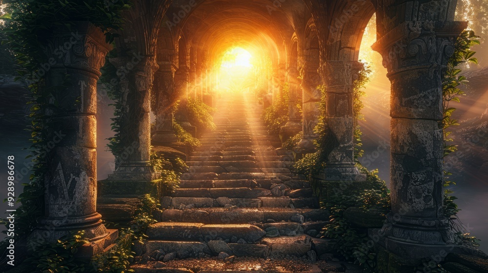 Poster sunlight streams through ancient stone arches illuminating a winding staircase in a mystical forest