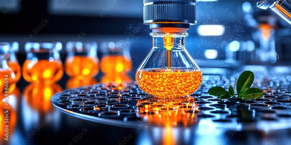 Poster close-up of a laboratory experiment with orange liquid in a flask, showcasing science and innovation