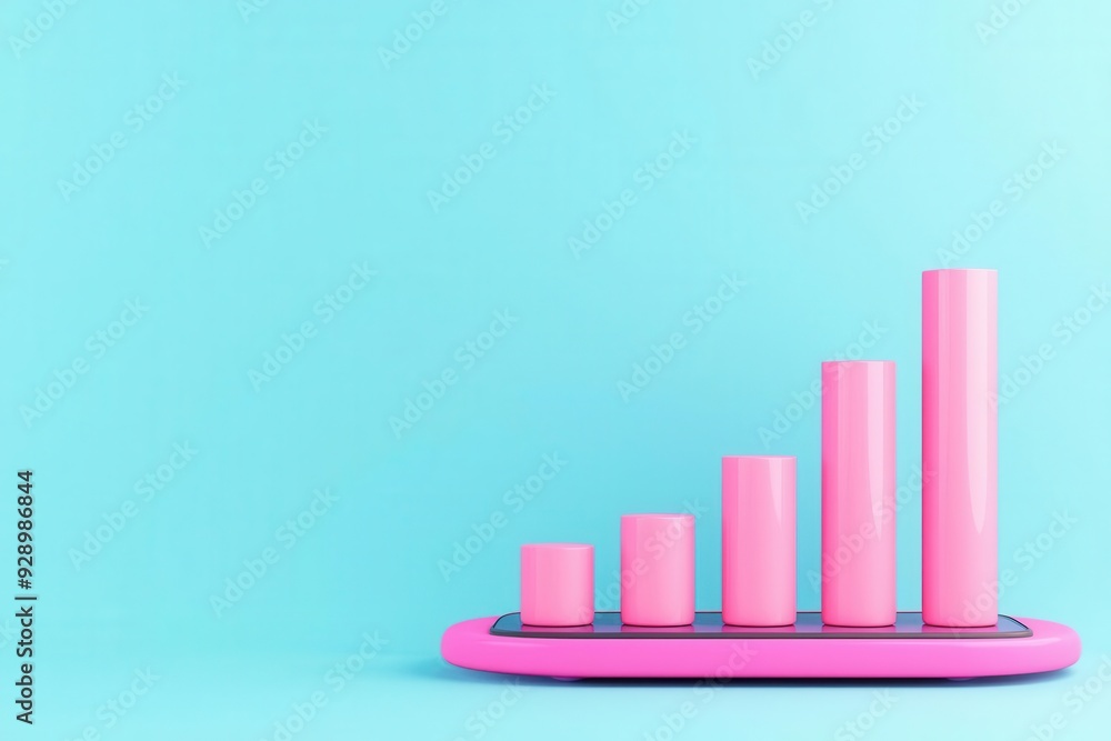 Poster a vibrant pink bar graph on a smartphone against a cool blue background, representing growth and pro