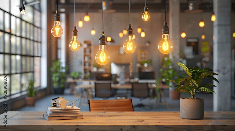 Poster creative office space with illuminating lightbulbs representing different ideas and concepts