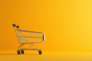 A vibrant yellow background with a metallic shopping cart, symbolizing retail, shopping, and consumerism in a modern setting.