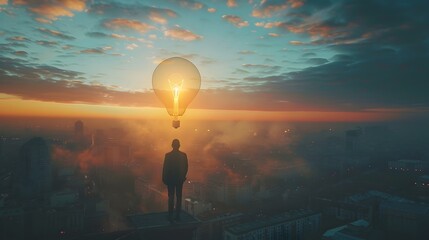 Silhouetted Air Balloon Floating Over Scenic Sunset Landscape with Ethereal Glow