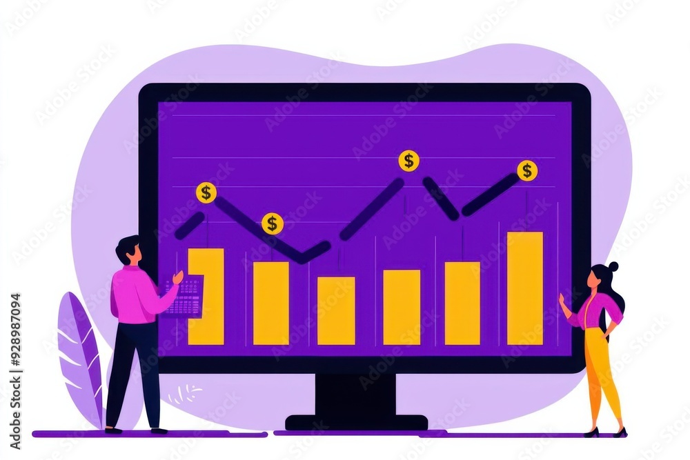 Poster illustration of business growth with a graph displayed on a computer screen, showcasing analytics an