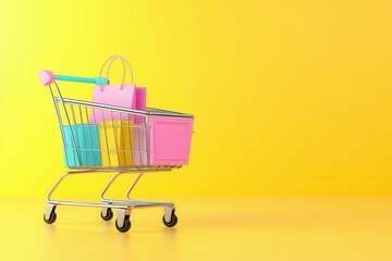 Colorful shopping cart with vibrant bags against a bright yellow background, perfect for retail and consumer themes.