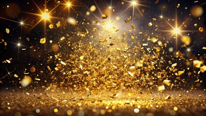 Luxurious golden confetti explodes in mid-air, surrounded by sparkling glitter particles, against a dark background, radiating celebratory joy and opulent sophistication.