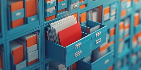 The concept of a document storage system with blue and white card files, metal file cabinets with open digital documents in the background, 