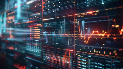 Close-up of a computer screen displaying a variety of graphs and charts with data and numbers.