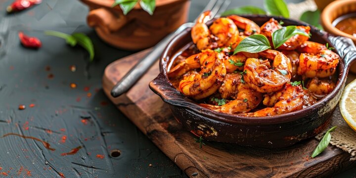 Indian cuisine Spicy prawns masala or shrimp curry also referred to as Kolambi che Kalvan in Marathi cuisine Chingri fry Traditional Maharashtrian prawns curry with empty space for text