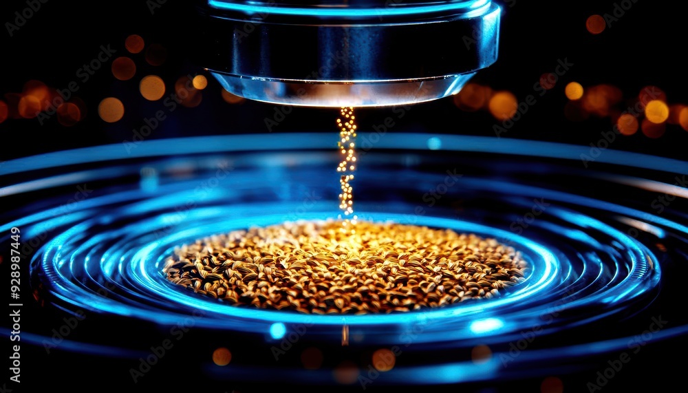 Poster close-up of shimmering golden particles suspended in fluid, illuminated by blue light, creating an e