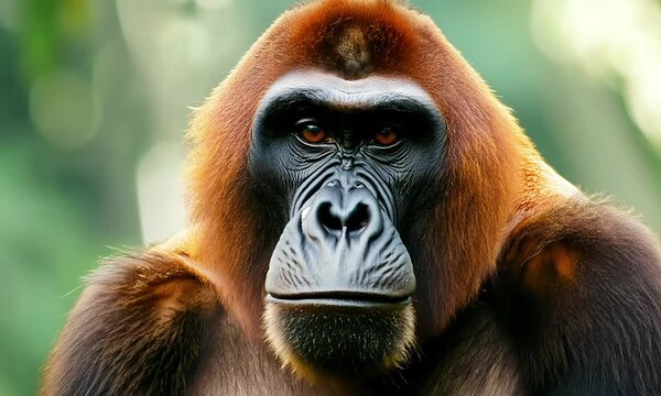 The Majestic Gaze of a Tapanuli Orangutan: A captivating close-up of a Tapanuli orangutan, with its distinctive reddish-brown fur and piercing gaze 