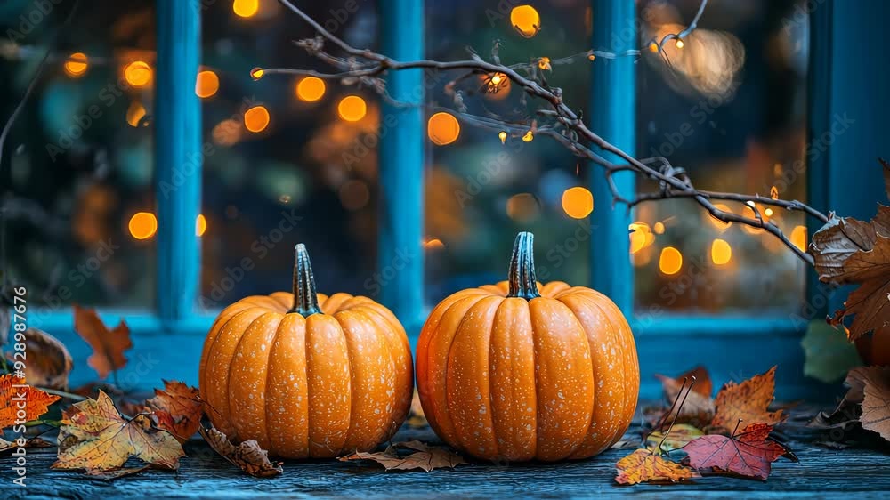 Poster two pumpkins sitting on a window ledge with string lights