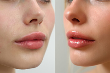 Obraz premium Woman showing lip augmentation before and after procedure