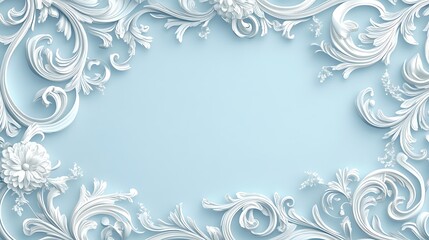 Elegant 3D Opal and White Gold Baroque Frame on Sky Blue Background - Vector Illustration Clip Art Set
