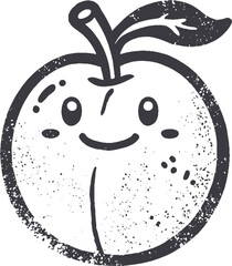 Grunge-Style Peach Smiling Fruit Character with Texture, Rough Hand-Drawn with Grainy Print Effect.