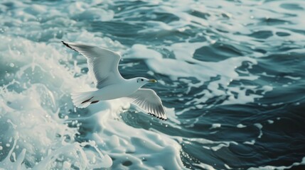 Naklejka premium A seagull glides smoothly over ocean waves, capturing the essence of freedom amidst the vastness of sky and sea.