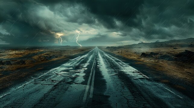 Stormy road under dark clouds with lightning striking in the distance