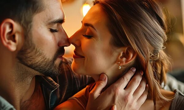Intimate Embrace: A loving couple shares a tender moment, their faces illuminated by warm light, embodying the essence of romance and connection.