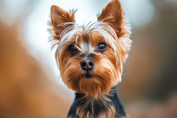 Naklejka premium Yorkshire terrier outdoors with autumn background