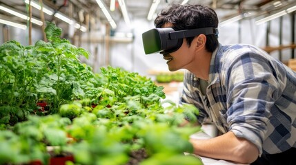A person investigates growing plants using virtual reality equipment in a well-lit greenhouse