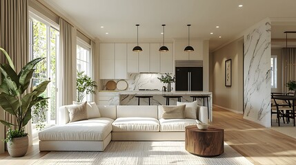 Modern living room with bright decor, elegant furniture, and spacious layout, perfect for relaxation and gatherings.