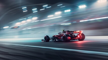 Obraz premium A sleek Formula 1 race car zooms past during a nighttime circuit, showcasing the speed and adrenaline of motorsport in a blur of lights.