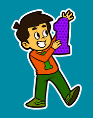 Doodle Sticker Illustration of a Kid Holding Number