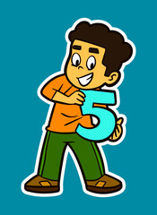 Doodle Sticker Illustration of a Kid Holding Number