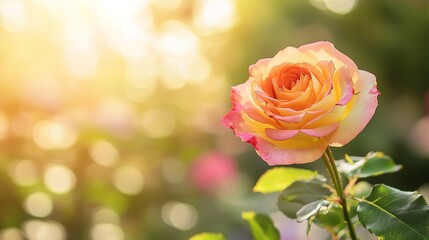 Pink and yellow rose flower in the garden and sunlight with bokeh